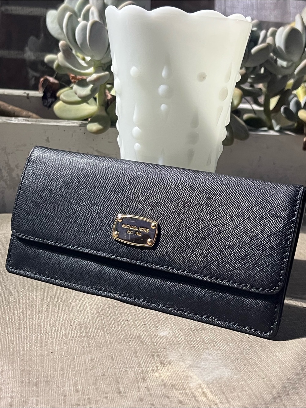 Michael Kors Black Saffiano Continental Clutch Wallet with Gold Plaque